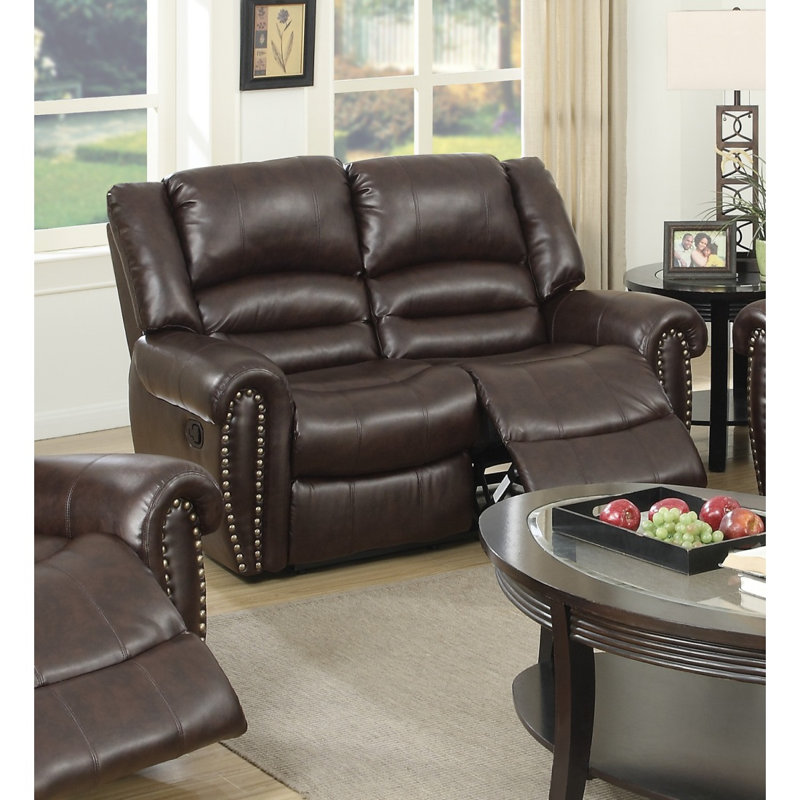 Modern Sofa Plush Relax 1Pc Manual Motion Loveseat Bonded Leather 2 Seat Couch Armrest Cushion Seating Living Room Furniture Dark Brown